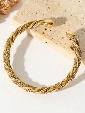 Gold Plated Stainless Steel Braided Cuff Bracelet | Adjustable Open Bangle